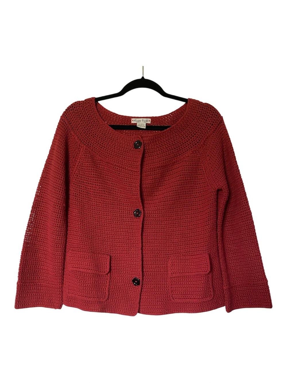Dizzy Lizzie Crocheted Knit Cardigan Brick Red Flower Buttons Large